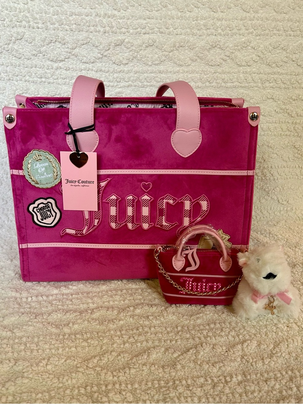 Juicy Couture Study in Style Velour Tote in Raspberry Tart w/ Mini Purse & Teddy